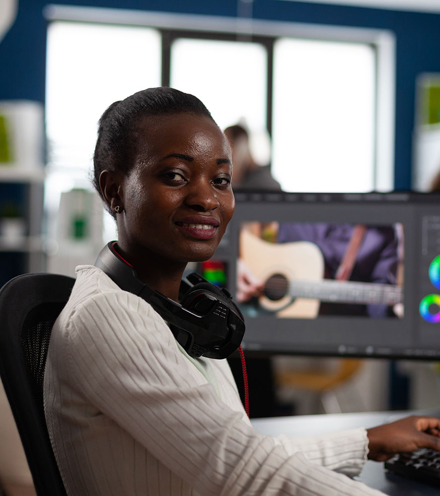 african-american-video-editor-artist-looking-camera-smiling-editing-creativity-video-project african american video editor artist looking camera smiling editing creativity video project